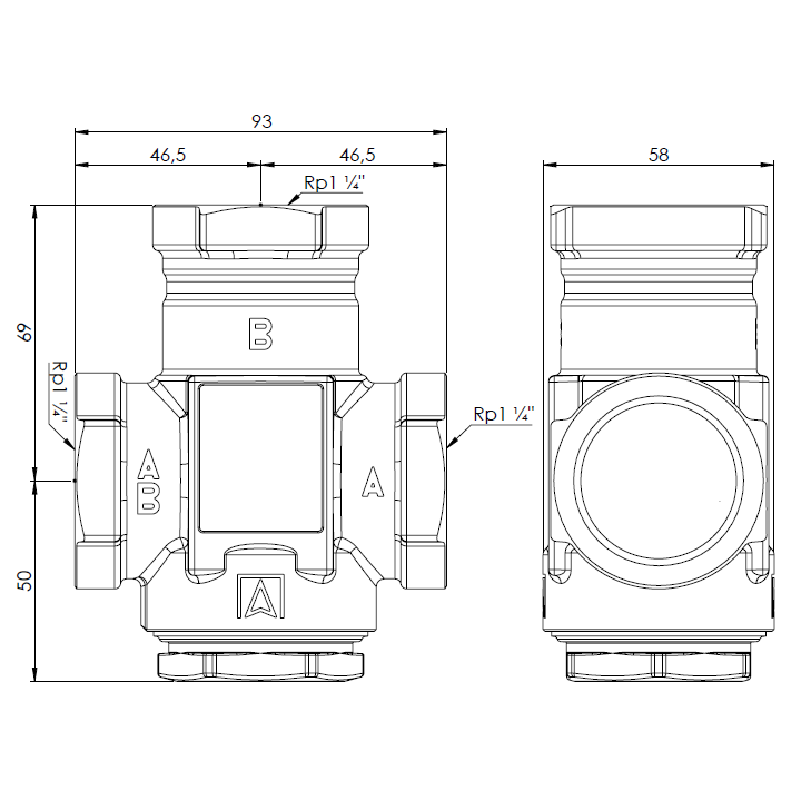 Zawór temperaturowy ATV 555, DN32, Rp1 1/4", kvs 9, 55°C
