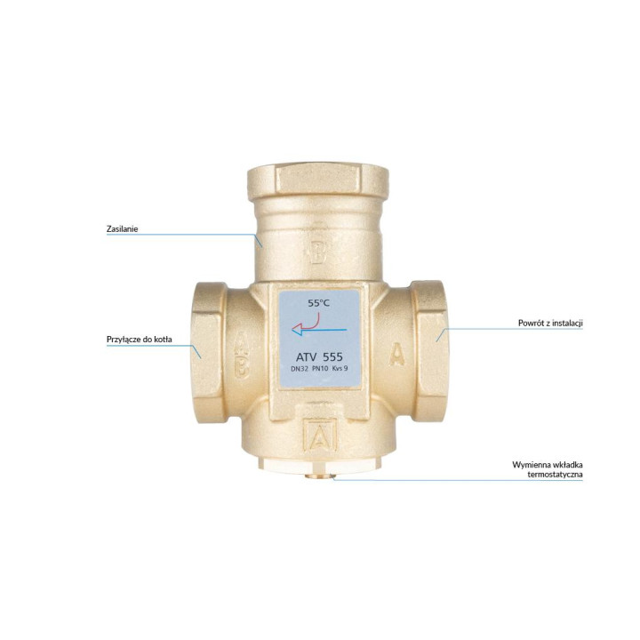 Zawór temperaturowy ATV 555, DN32, Rp1 1/4", kvs 9, 55°C