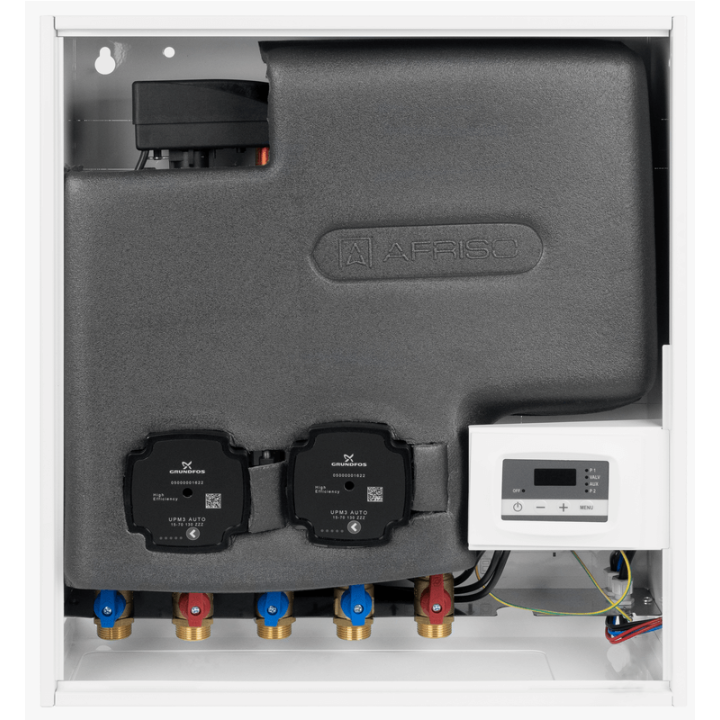 Zestaw separacyjny PrimoBox AHB 642 w szafce, 2 pompy Grundfos UPM3 Auto, zawór temperaturowy ATV 213 (45°C), zawór przełączając