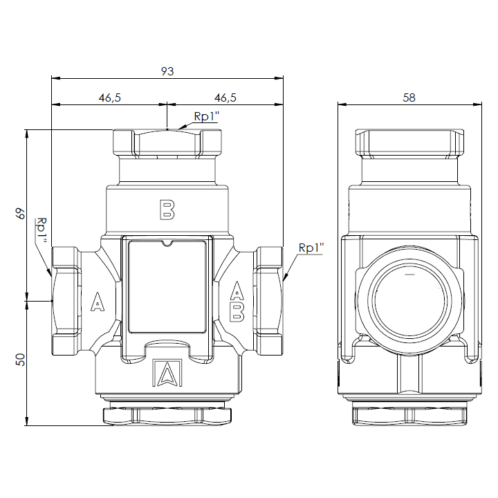 Zawór temperaturowy ATV 335, DN25, Rp1", Kvs 9, 55°C