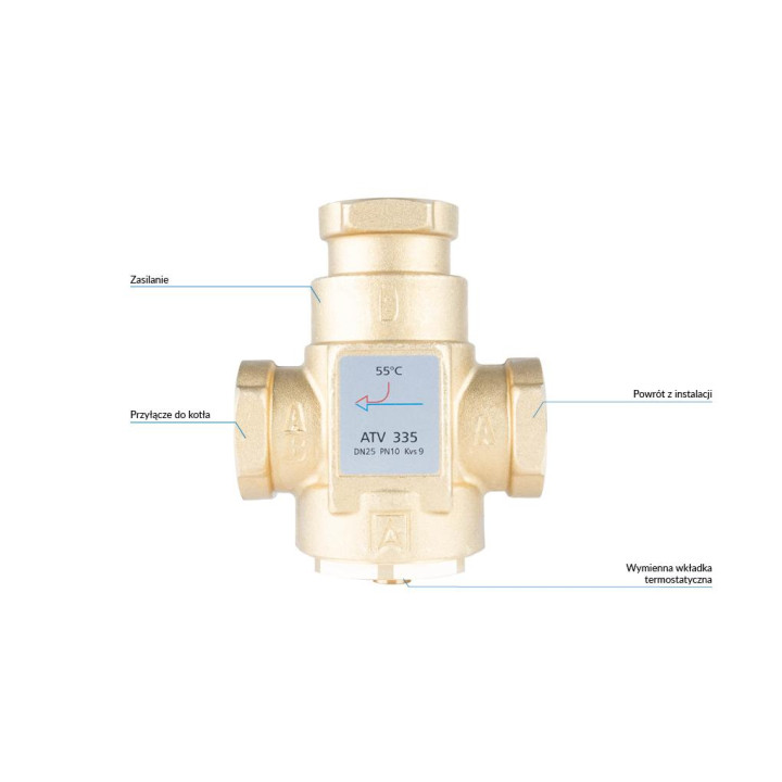 Zawór temperaturowy ATV 335, DN25, Rp1", Kvs 9, 55°C