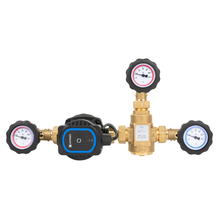 Grupa ochrony powrotu kotła BTA 110 AP z zaworem temperaturowym ATV, 3x GW G1", 55 st. C, Kvs 6, AFRISO APH 15-7/130