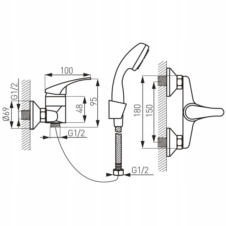 BASIC BATERIA NATRYSKOWA Z ZESTAWEM NATRYSKOWYM, CHROM