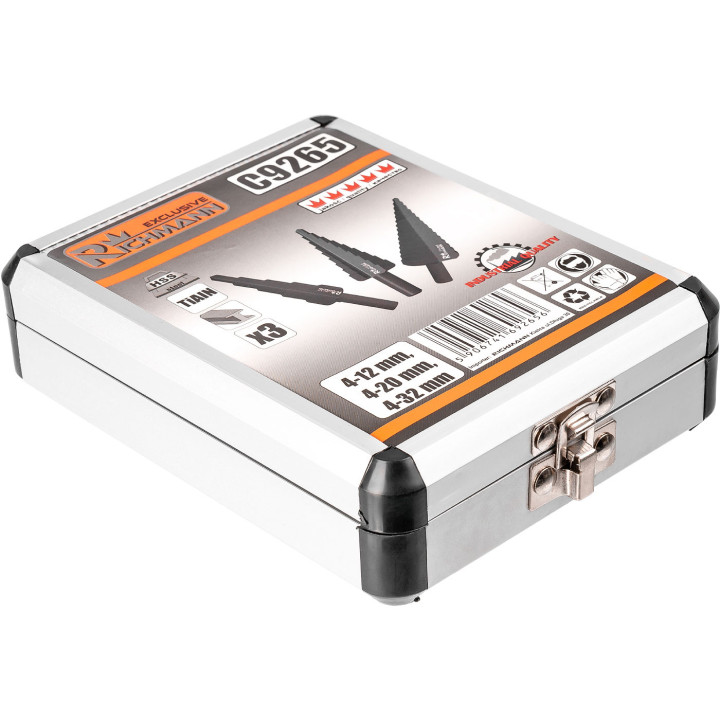 WIERTŁA STOPNIOWE DO METALU 4-32 MM 3 ELEM. ALU. PUDEŁKO