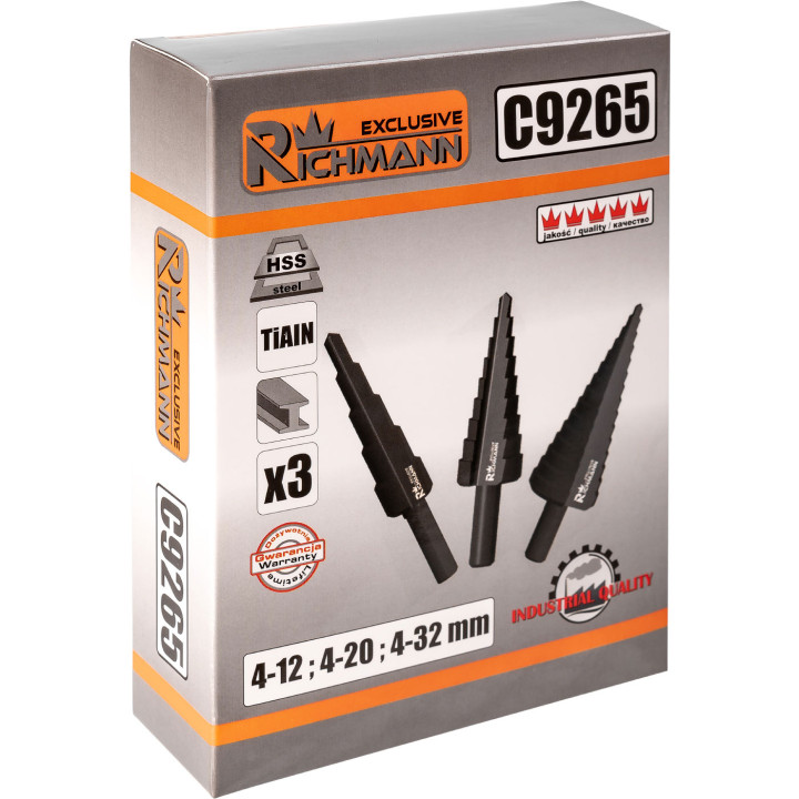 WIERTŁA STOPNIOWE DO METALU 4-32 MM 3 ELEM. ALU. PUDEŁKO