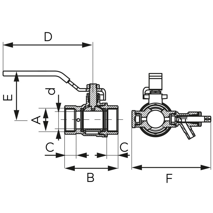 ZAWÓR KULOWY GW-GW Z DŹWIGNIĄ, Z ZAWOREM SPUSTOWYM I KORKIEM, 2", F-POWER