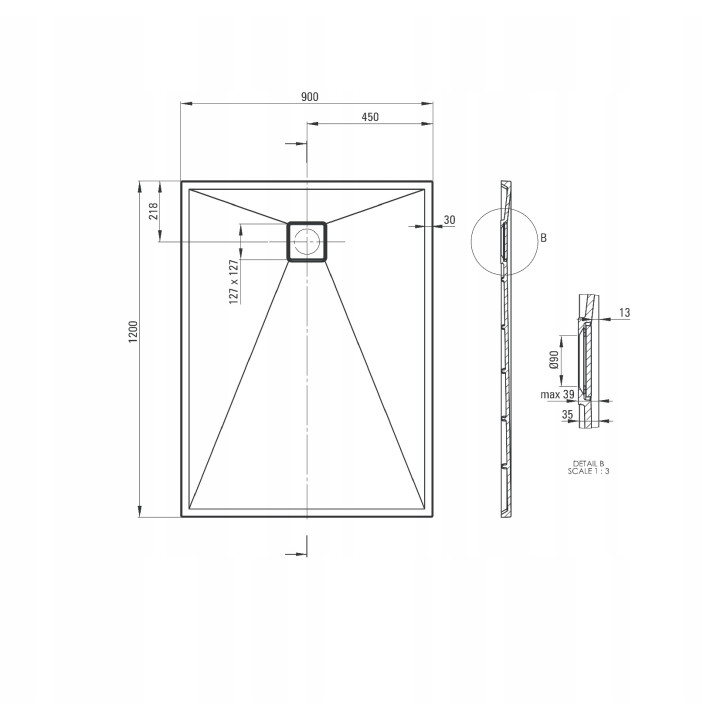 BRODZIK GRANITOWY PROSTOKĄTNY 120X90 CM NERO KQR N43B