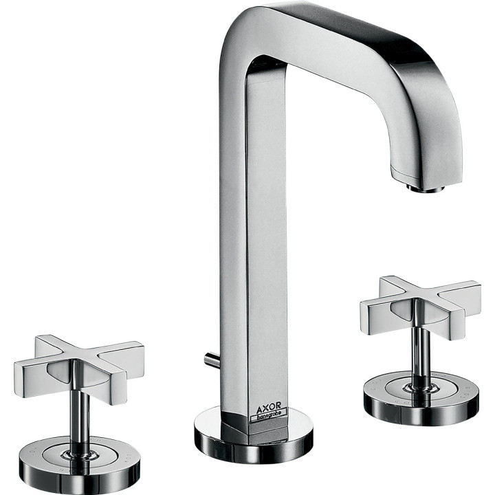 AX Citterio 3-otworowa bateria umywalkowa 170 z uchwytami krzyżowymi, rozetami, wylewką 140 mm i kompletem odpływowym z cięgłem,