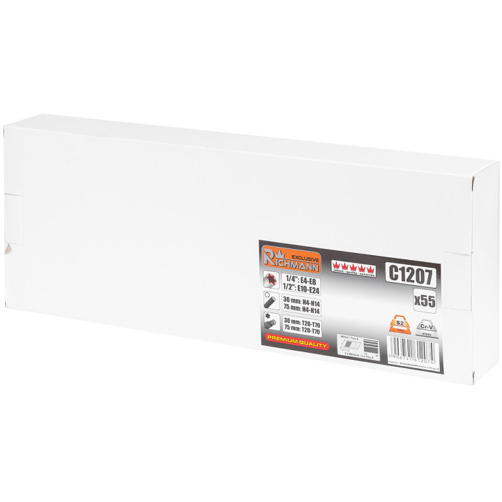 WKŁAD - ZESTAW BITÓW IMBUS H4-H14,TORX T20-T70 I NAS. TORX E4-E24,S2 55 ELEM. + TACKA C1101