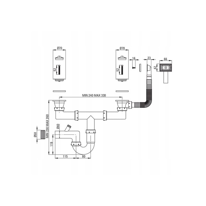 SYFON DO ZLEWOZMYWAKA STALOWEGO 2-KOMOROWY - ODPŁYW 2" STAL ZXY 9922