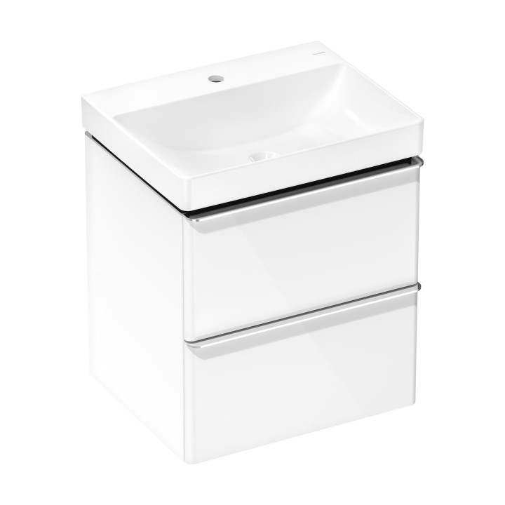 HG Xelu Q Zestaw umywalka wisząca z szafką z 2 szufladami 580/475, Biały Wysoki Połysk, Kolor uchwytów: Chrom