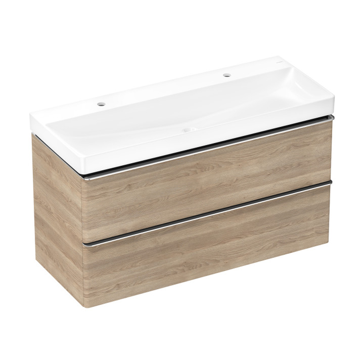 HG Xelu Q Zestaw umywalka wisząca z szafką z 2 szufladami 1180/475, Naturalny Dąb, Kolor uchwytów: Chrom