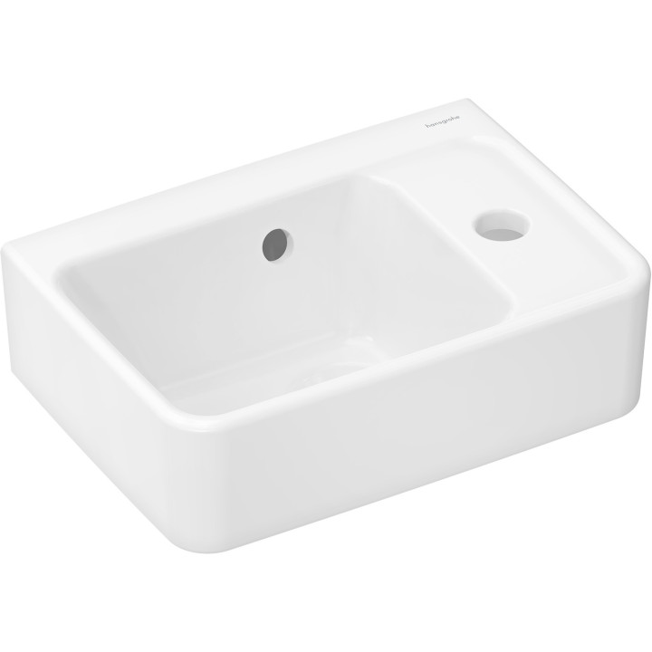 HG Xanuia Q Mała umywalka wisząca z półka po prawej stronie 360/250 z otworem na baterię, z przelewem, SmartClean, Biały