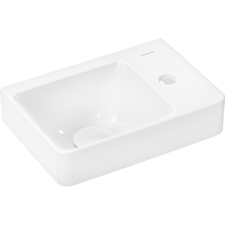 HG Xelu Q Mała umywalka wisząca z półką po prawej stronie 360/250 z otworem na baterię, bez przelewu, SmartClean, Biały