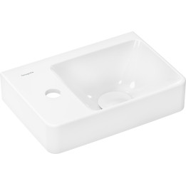 HG Xelu Q Mała umywalka wisząca z półką po lewej stronie 360/250 z otworem na baterię, bez przelewu, SmartClean, Biały