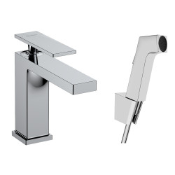 HG Tecturis E Jednouchwytowa bateria umywalkowa 110 z główką Bidette i wężem 160 cm, komplet odpływowy Push-Open, Chrom