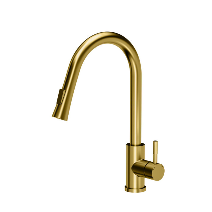 Bateria kuchenna JULIA - stalowa, złoty nano PVD, obrotowa, wyciągana wylewka, z prysznicem, Quadron
