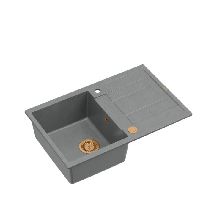 Zlewozmywak granitowy MORGAN 111 - jednokomorowy, wpuszczany, silver stone/elementy miedziane, Quadron