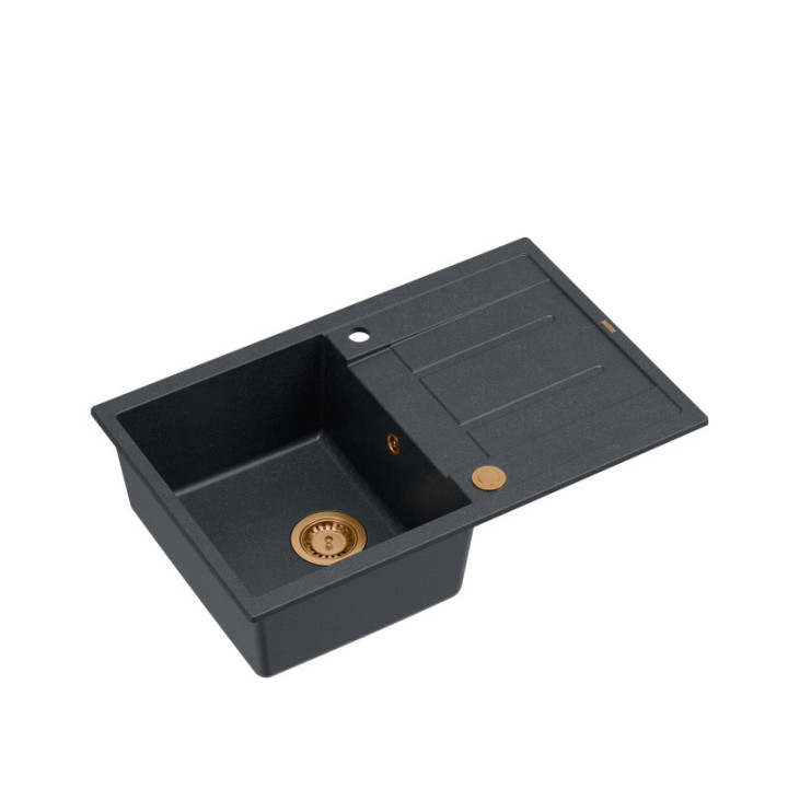 Zlewozmywak granitowy MORGAN 111 - jednokomorowy, wpuszczany, black diamond/elementy miedziane, Quadron