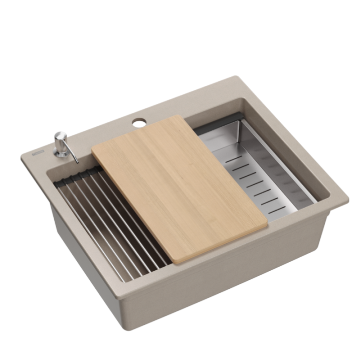 Zlewozmywak granitowy KURT 110 WORKSTATION - jednokomorowy, wpuszczany, pearl beige/elementy stalowe + AKCESORIA, Quadron