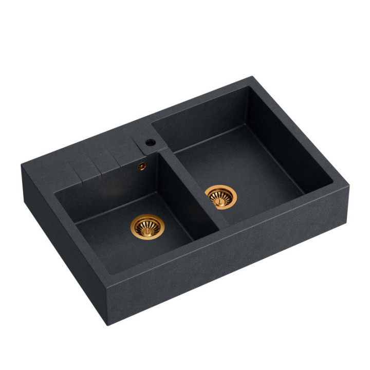 Zlewozmywak granitowy BILL 120 - dwukomorowy, nakładany, black diamond/elementy miedziane, Quadron