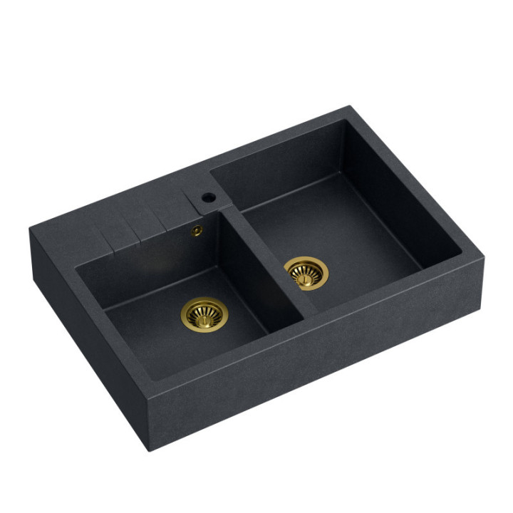Zlewozmywak granitowy BILL 120 - dwukomorowy, nakładany, black diamond/elementy złote, Quadron