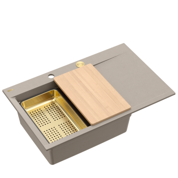 JOSH 111 GraniteQ zlewozmywak 1-komorowy z/o (780x500x215) soft taupe + syfon push 2 open + deska + wkładka/ elementy złote