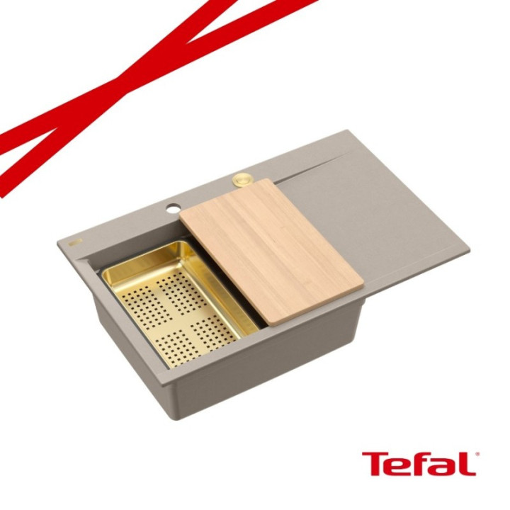 JOSH 111 GraniteQ zlewozmywak 1-komorowy z/o (780x500x215) soft taupe / elementy złote + PATELNIA WOK TEFAL