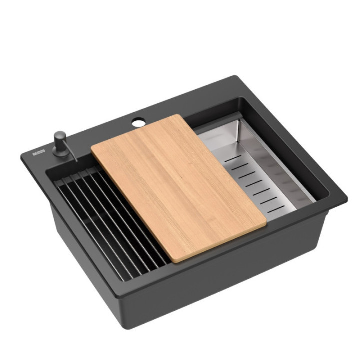 Zlewozmywak granitowy KURT 110 WORKSTATION - jednokomorowy, wpuszczany, pure carbon/elementy czarne + AKCESORIA, Quadron