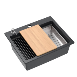 Zlewozmywak granitowy KURT 110 WORKSTATION - jednokomorowy, wpuszczany, black dotted/elementy stalowe + AKCESORIA, Quadron
