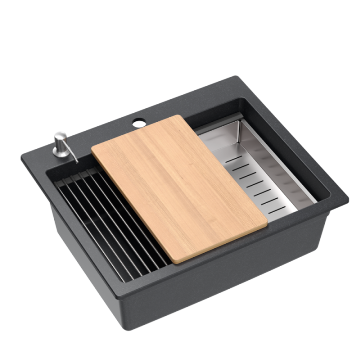 Zlewozmywak granitowy KURT 110 WORKSTATION - jednokomorowy, wpuszczany, black dotted/elementy stalowe + AKCESORIA, Quadron