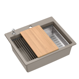 Zlewozmywak granitowy KURT 110 WORKSTATION - jednokomorowy, wpuszczany, soft taupe/elementy stalowe + AKCESORIA, Quadron