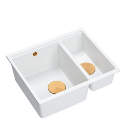 Zlewozmywak granitowy LOGAN 150 - półtorakomorowy, podwieszany, snow white/elementy miedziane, Quadron