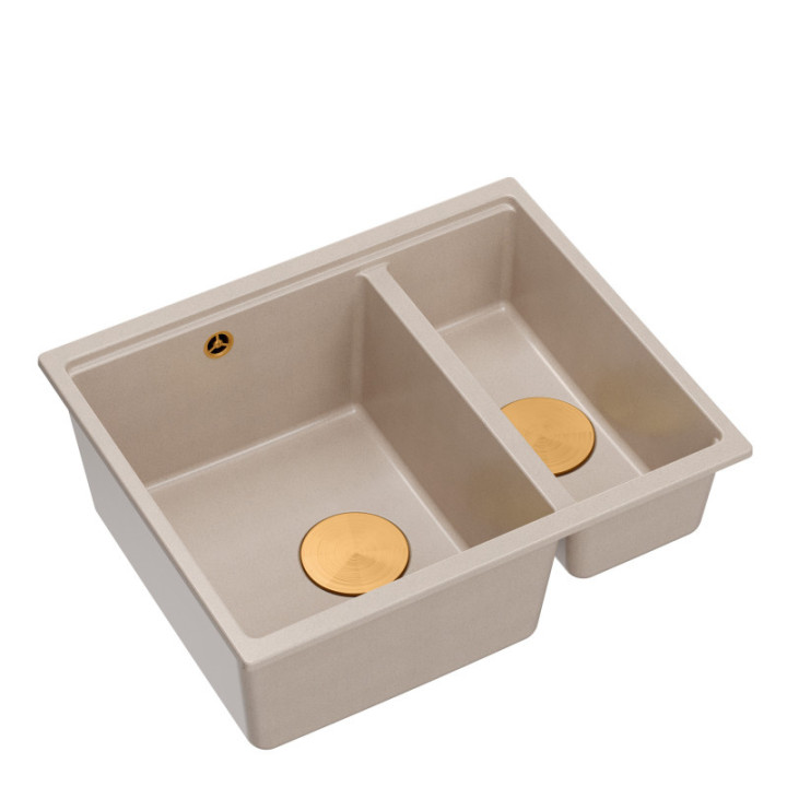 Zlewozmywak granitowy LOGAN 150 - półtorakomorowy, podwieszany, pearl beige/elementy miedziane, Quadron