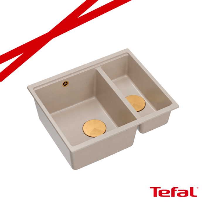 LOGAN 150 GraniteQ zlewozmywak pearl beige 56x46x22 cm 1,5-komorowy b/o podwieszany + syfon miedź+ PATELNIA INDUKCJA