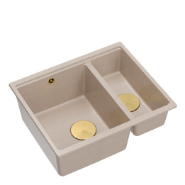 Zlewozmywak granitowy LOGAN 150 - półtorakomorowy, podwieszany, pearl beige/elementy złote, Quadron