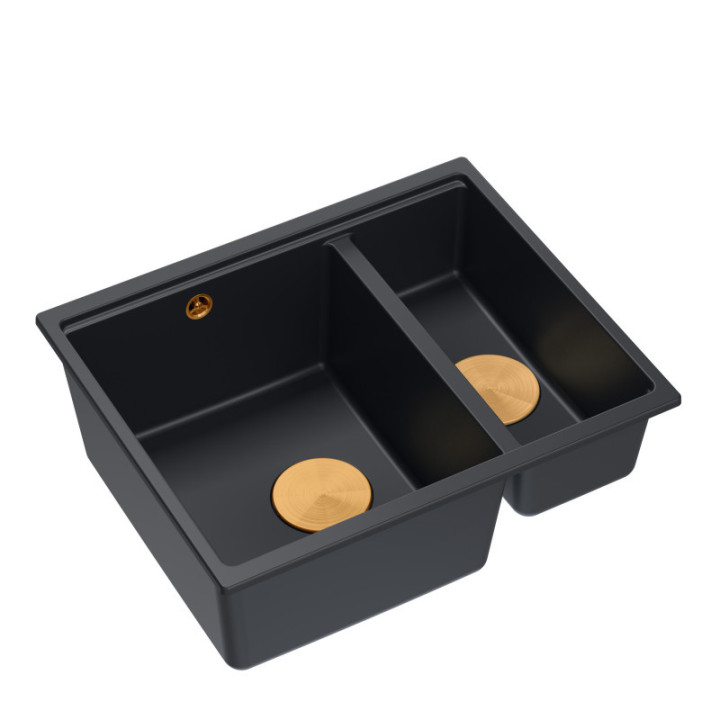 Zlewozmywak granitowy LOGAN 150 - półtorakomorowy, podwieszany, pure carbon/elementy miedziane, Quadron