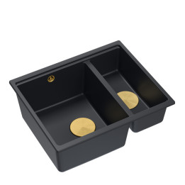 Zlewozmywak granitowy LOGAN 150 - półtorakomorowy, wpuszczany, pure carbon/elementy złote, Quadron