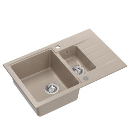 Zlewozmywak granitowy PETER 156 - półtorakomorowy, wpuszczany, pearl beige/elementy stalowe, Quadron