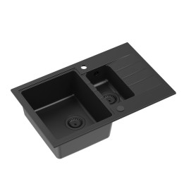 Zlewozmywak granitowy PETER 156 - półtorakomorowy, wpuszczany, pure carbon/elementy czarne, Quadron