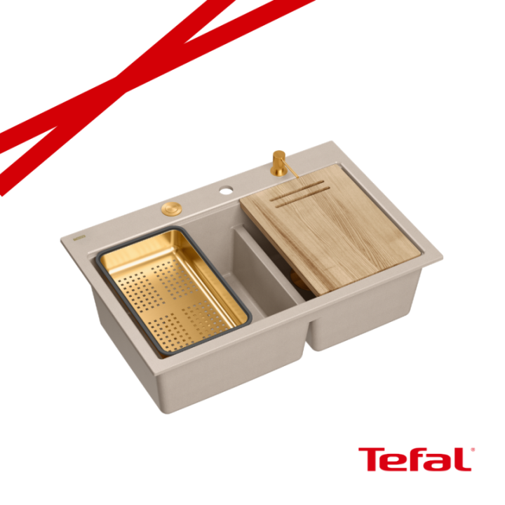 MARC 120 WORKSTATION GraniteQ zlewozmywak 2-komorowy 760*500*235 mm pearl beige / elementy miedziane + PATELNIA WOK TEFAL