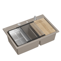 Zlewozmywak granitowy MARC 120 WORKSTATION - dwukomorowy, wpuszczany, soft taupe/elementy stalowe + AKCESORIA, Quadron