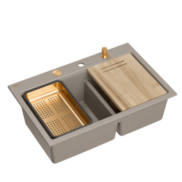 Zlewozmywak granitowy MARC 120 WORKSTATION - dwukomorowy, wpuszczany, soft taupe/elementy miedziane + AKCESORIA, Quadron