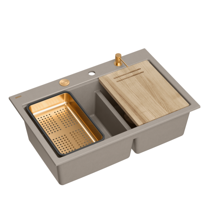 Zlewozmywak granitowy MARC 120 WORKSTATION - dwukomorowy, wpuszczany, soft taupe/elementy miedziane + AKCESORIA, Quadron