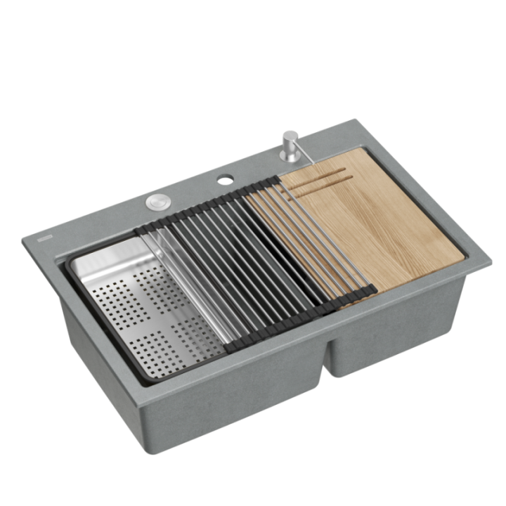 Zlewozmywak granitowy MARC 120 WORKSTATION - dwukomorowy, wpuszczany, silver stone/elementy stalowe + AKCESORIA, Quadron