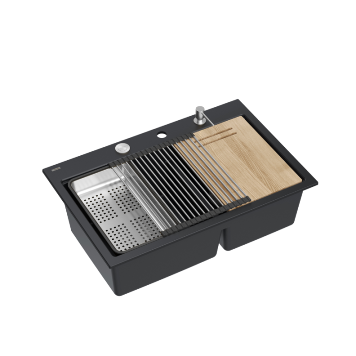 Zlewozmywak granitowy MARC 120 WORKSTATION - dwukomorowy, wpuszczany, pure carbon/elementy stalowe + AKCESORIA, Quadron
