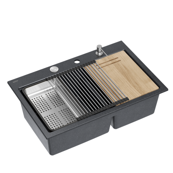 Zlewozmywak granitowy MARC 120 WORKSTATION - dwukomorowy, wpuszczany, black diamond/elementy stalowe + AKCESORIA, Quadron