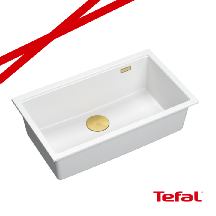 LOGAN 110 GraniteQ zlewozmywak snow white 76x45x23,5 cm 1-komorowy podwieszany z syfonem manualnym złoty + PATELNIA WOK TEFAL