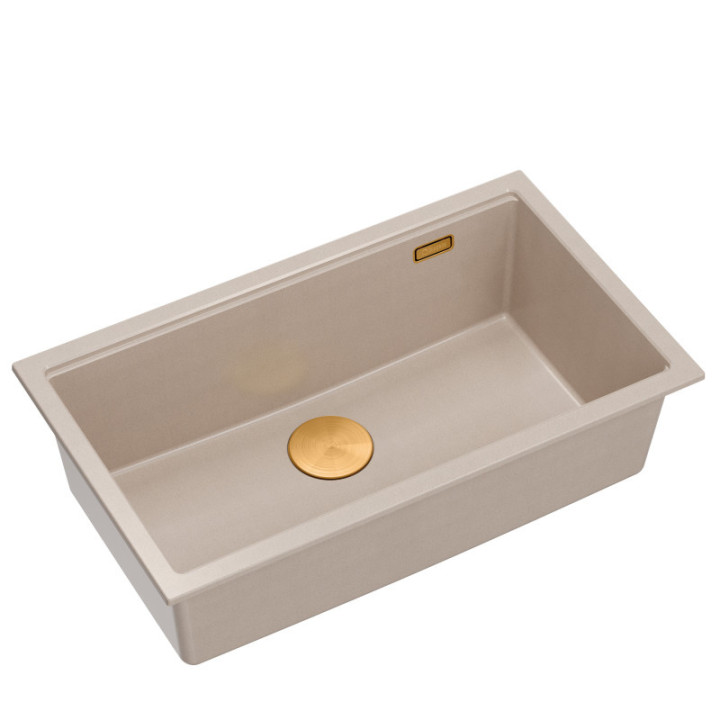 Zlewozmywak granitowy LOGAN 110 - jednokomorowy, wpuszczany, pearl beige/elementy miedziane, Quadron