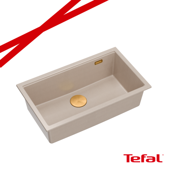 LOGAN 110 GraniteQ zlewozmywak pearl beige 76x45x23,5 cm 1-komorowy podwieszany z syfonem manualnym miedziany + PATELNIA TEFAL W